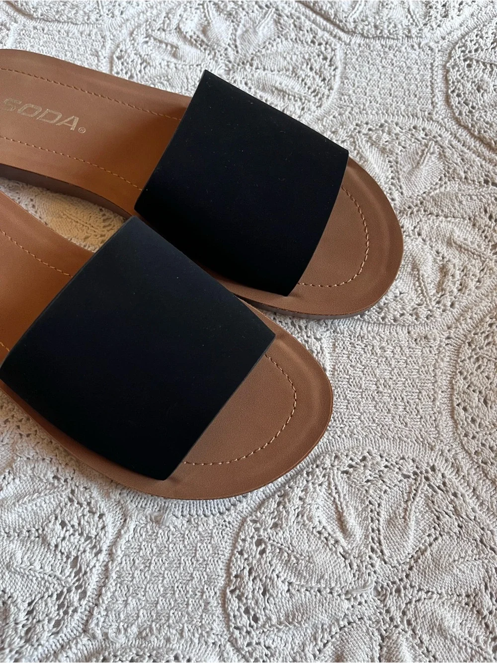 NWT Soda slide sandals black brown faux suede slip on Efron open toe flats